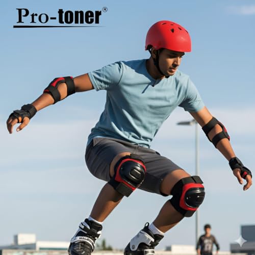 Image of Protoner Kids Skating Protection Kit with Helmet, Knee Pads, Elbow Pads and Wrist Guards,Multiple Colors & Sizes (Red, Medium)