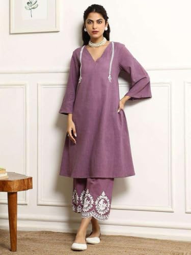 Image of Women's Cotton Embroidered Straight Kurta & Pant with Dupatta Set (Purple)