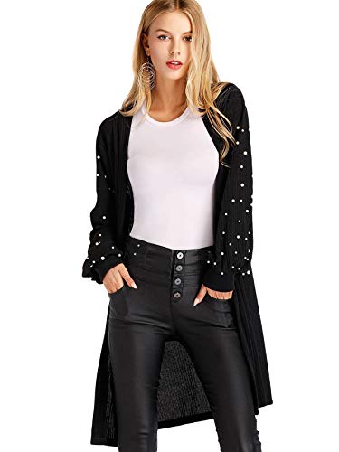 Floerns Women's Open Front Pearl Beading Lantern Sleeve Sweater Long Cardigan