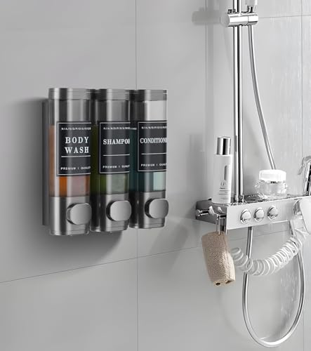 Image of Cabo Deseado Shower Soap Dispenser Wall Mounted No Drill Shampoo Dispenser for Shower Wall Shampoo and Conditioner Dispenser Bathroom Hotel 3 * 350ml Gungray with Labels