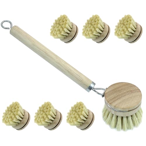 Image of 8 Pcs Wooden Dish Brush with Wooden Handle, Natural Wooden Scrub Brush Kitchen Brush(7 Pcs Dish Brush + 1 Pc Handle)
