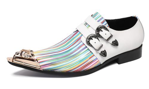 Santimon Mens Loafers Party Dress Casual Metal-Tip Toe Double Buckle Slip On Leather Rainbow Loafers Western Fashio Tuxedo Prom Summer Shoes for Men Boys