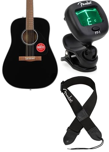 Fender CD-60 Acoustic Guitar, Includes Tuner and Strap, Full-Size Dreadnought, Black Finish, Ideal for Beginners and Intermediate Players