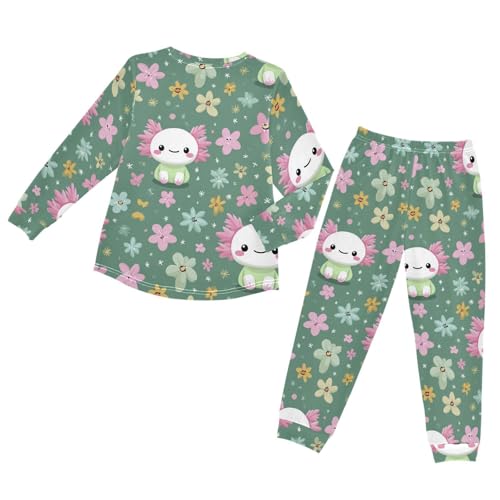 Floral Axolotl on Green Soft Pajama Set for All Seasons,Breathable Pjs Long Sleeve Sleepwear,Comfy Loungewear 2 Piece Underwear Set 8T2