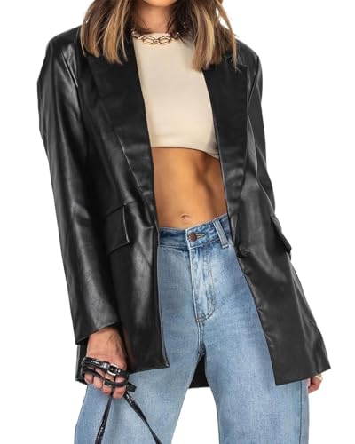 Caratteristiche: Giacca in pelle casual for donna e ragazza/ Blazer chic in ecopelle/ Manica intera/ Rever classico/ Bottone sul davanti/ Due tasche frontali/ Spalle imbottite/ Completamente foderato/ Tinta unita/ Vestibilità oversize/ Semplice giacca capispalla in pelle PU
