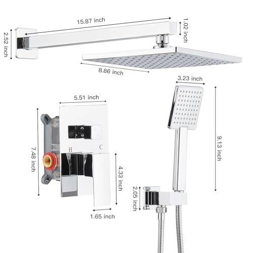 Set de grifería de ducha BWE con rociador de lluvia y ducha manual | Funciones duales, incluye válvula y kit de instalación, montaje en pared, diseño minimalista cuadrado moderno miniatura 7