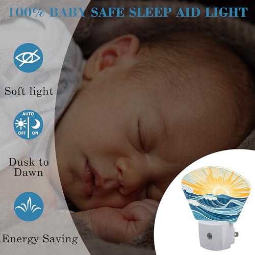 Image of Sunrise Over The Sea Night Light Waves and Sun Nightlight Plug into Wall with Dusk to Dawn Sensor for Kid Girls Boys Women Men Room, Hallway, Kitchen, Bathroom, Stairs Decor