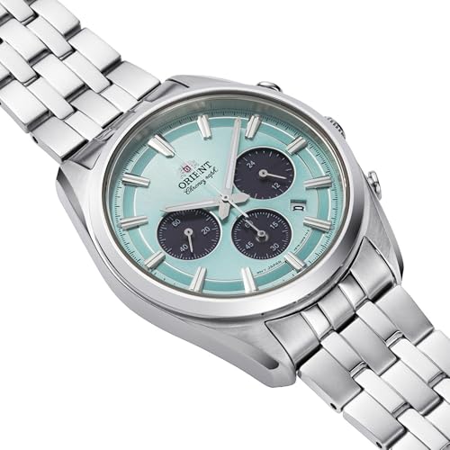 Orient Stretto Solar Chronograph 40mm Sky Blue Dial Steel Strap Men’s Watch RA-TX0304L10B, Sky Blue, Sky Blue