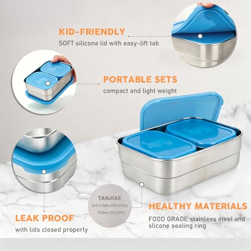 Image of Tanjiae 3 CUP+1 CUP Stainless Steel Lunch Snack Containers Set | Leak Proof 304 Stainless Steel Food Containers with Silicone Lids - Perfect Metal Lunch Box for Home and Travel (25oz+8oz*2)