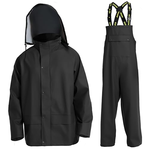 Wasserdichte Regenjacke Hose mit Kapuze für Männer Frauen Regenanzüge Wetterausrüstung 3-teiliges Set - Schwarz - XX-Large