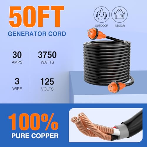 Image of Nilight 30 Amp 50FT Generator Extension Cord 3 Prong Shore Power Cords with Locking Waterproof NEMA L5-30P L5-30R Cable Heavy Duty 10AWG ETL Listed for RV Marine Boat Generators Outdoor Use