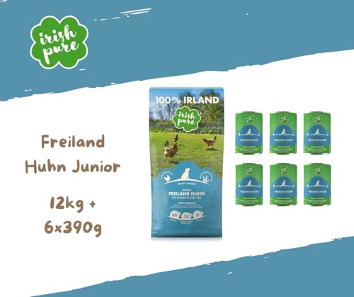 Irish Pure Junior Huhn – Hundefutter - 12kg + 6x390g - Trockenfutter & Nassfutter für Welpen – getreidefrei – mit Freiland-Huhn, Gemüse & Kelp-Alge – ohne Zusätze & künstliche Stoffe - Sparpaket