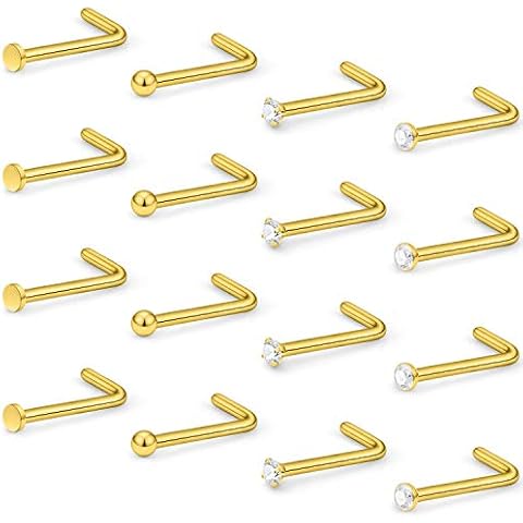 Hoeudjo Nose Studs Surgical Steel Cubic Zirconia Nose Rings Piercing Kit for Women Men L Shaped Nostril Rings Jewelry 20 Gauge with 1.5mm Ball Flat Gold Tone 16 Pieces Cover