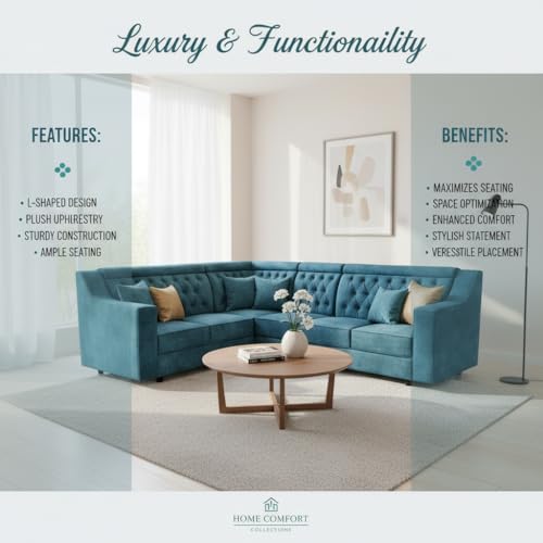 Image of APRODZ Wooden Sofa Set 6 Seater for Living Room, Solid Wood L Shape Sectional Sofa with Velvet Fabric Upholstery, Cushioned Seating for Home, Office & Lounge, Blue