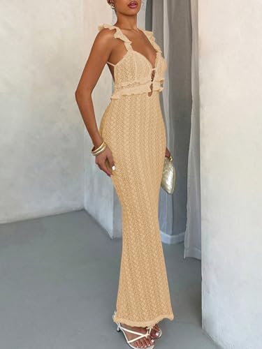 Image of SOLY HUX Women's Maxi Dress Crochet Ruffle Sleeveless Backless Bodycon Long Dresses