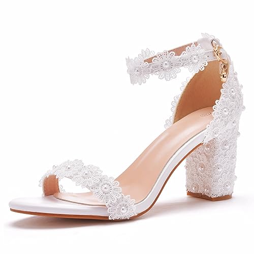 Sandales de mariage en dentelle blanche à talon bloc pour femme élégante
