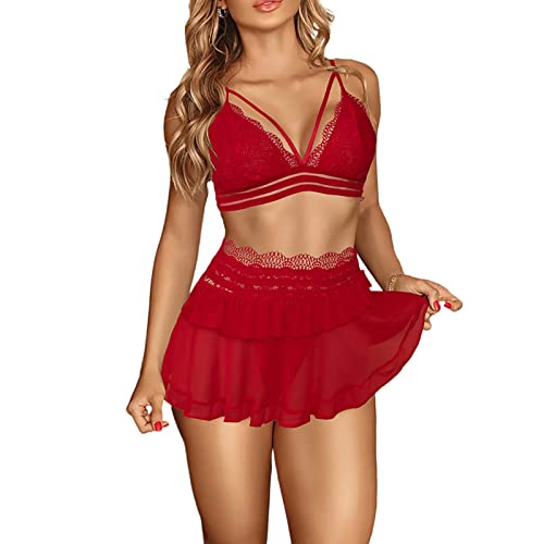 Lingerie sexy dentelle femme rouge M : sous-vêtement floral chic