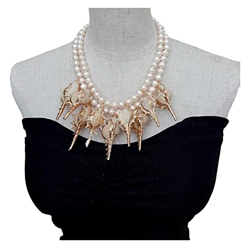 Oitto Necklace 2 Strands Freshwater Cultured White Pearl Sea Shell Statement Necklace 18Inch #TOP2