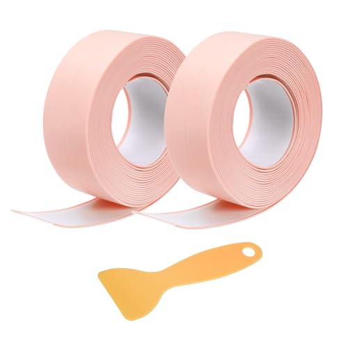 Image of Uxcell 2 Rolls Caulk Tape, 0.9 inch x 10.5Ft PVC Waterproof Self-Adhesive Sealing Strip for Kitchen Bathroom Toilet Sink Floor Corner Edge With Sealing Tool, Pink