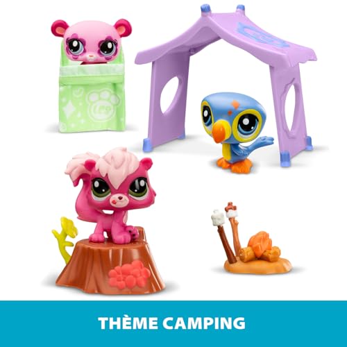 Littlest Pet Shop - Pack Set Camping 3 Animaux et Accessoires - Littlest Pet Shop LPS Panda Écureuil Toucan - Coffret Jouet Mini Figurines Animaux Mignons - Jouet Enfant 4 Ans et + - BF00574