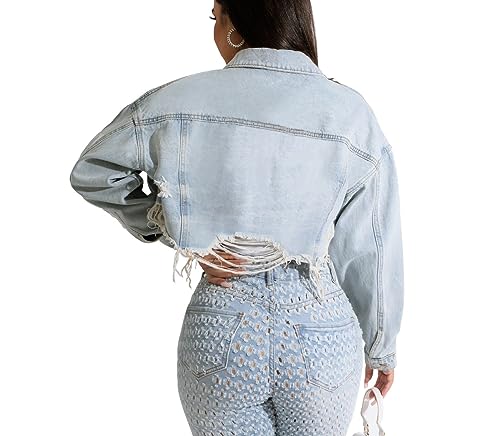 HTD Women's Cropped Jean Jacket Button Up Long Sleeve Ripped Distressed Denim Jacket Frayed Hem3