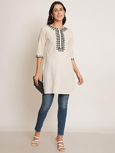 Image of Brownverse Pure Cotton Embroidered Women Short Kurti