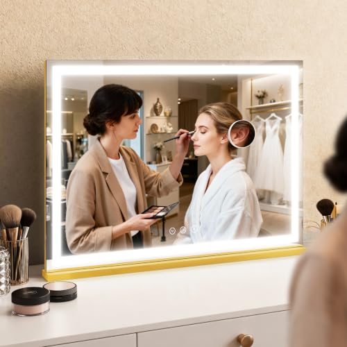 Image of ROLOVE Gold Hollywood Vanity Mirror with Lights, 35.5 inch x 27 inch Large Makeup Mirror, Luxury Gold Frame, USB Charging Port, 3 Color Dimmable Lighting, Detachable 10X Magnifier, Wall Mounted or Tabletop