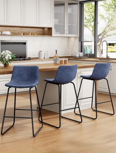 Image of REONEY Bar Stools Set of 3, 26 inch Urban Faux Leather Counter Stools, Navy
