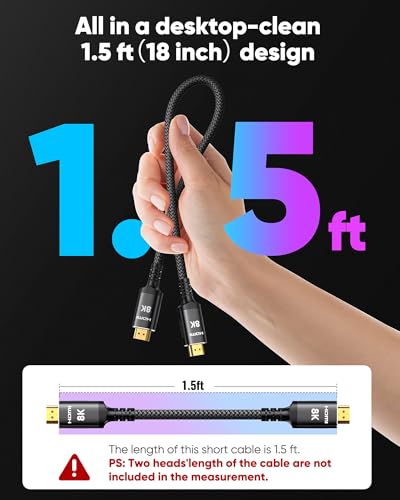 Image of Snowkids 8K HDMI 2.1 Cable 1.5 ft, Non-Slip Nylon Braided, 48Gbps Ultra High-Speed HDMI Cables Cord, 10K 8K@60Hz, 4K@120Hz Compatible for TV /PS-5 /X-box /Projector /Sound System & More