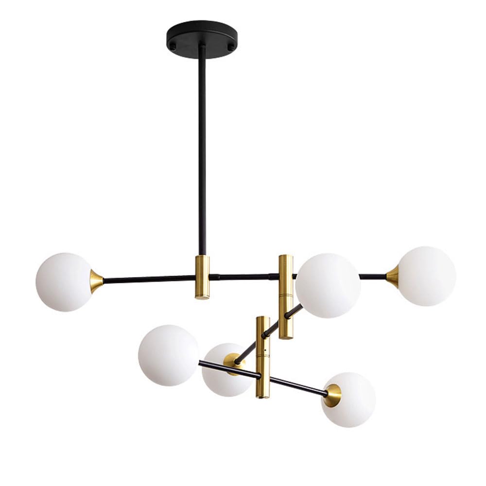 KXEcoLife Ceiling Pendant Light Fixture Modern Chandelier 6 Lights Hanging Lamp Black Adjustable with Spherical Glass Lampshade for Kitchen Island Bedroom Dining