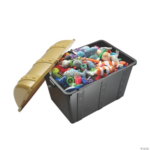 Fun Express Large Plastic Toy Treasure Chest - Premium Classroom Storage Prize Box for Teachers | Pirate-Themed Reward Container with Secure Lid | Black & Gold Design | 19" x 11.5" x 11" Capacity