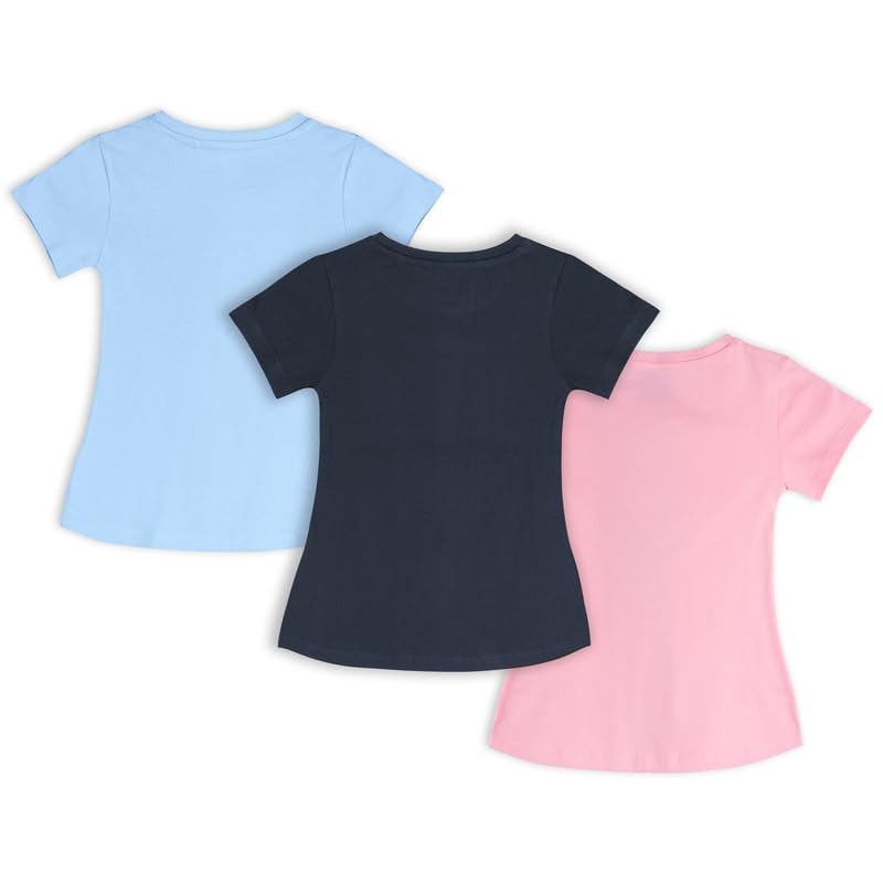 Image of Real Basics Cotton Regular Fit Half Sleeve Cotton T-Shirts for Girls - Round Neck Tops for Girl, Multicolor - Pack of 3