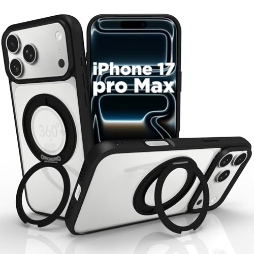 Image of RIGGEAR Shockproof Tough Hybrid Armor 360 Rotating Magnetic Ring Stand Back Cover Case Compatible with MagSafe Accessories for iPhone 17 Pro Max (Smoke Black Matte PC and Black TPU Bumper)
