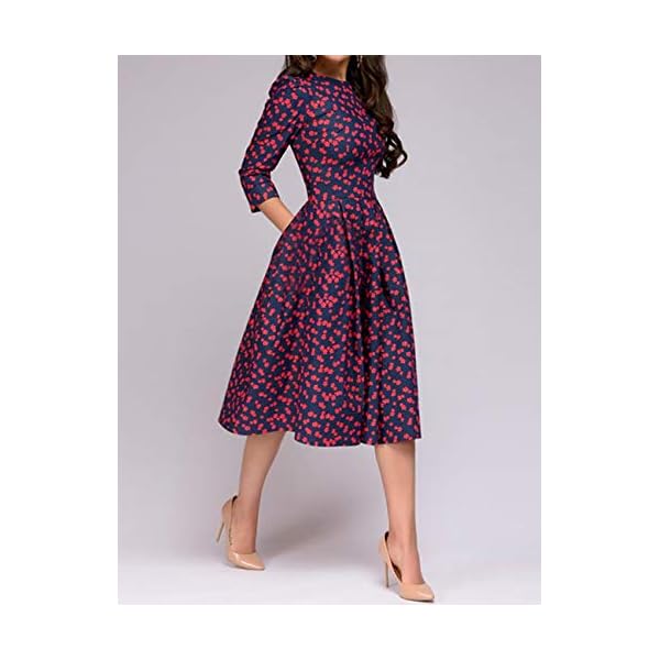 Simple-Flavor-Womens-Floral-Vintage-Dress-Elegant-Midi-Evening-Dress-34-Sleeves Simple Flavor Women's Floral Vintage Dress Elegant Midi Evening Dress 3/4 Sleeves (Red, M)