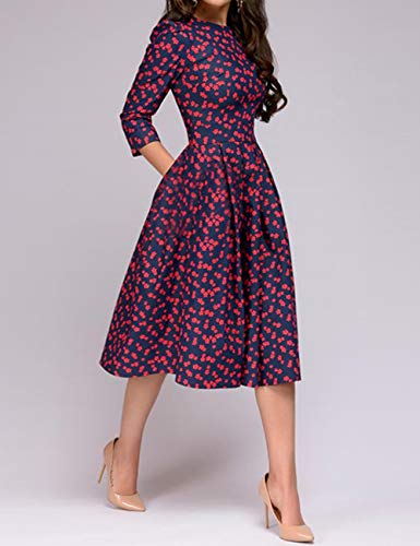 Simple Flavor Women's Floral Vintage Dress Elegant Autumn Midi Evening Dress 3/4 Sleeves (Red,L)