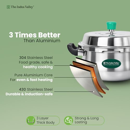 Image of The Indus Valley Triply Stainless Steel 5.5 Litre Pressure Cooker Outer Lid | Handi pressure cooker| Induction Friendly | ISI-Certified, Nonstick 3-Layer Body, 100% Pure & Toxin-Free, 5 Years Warranty