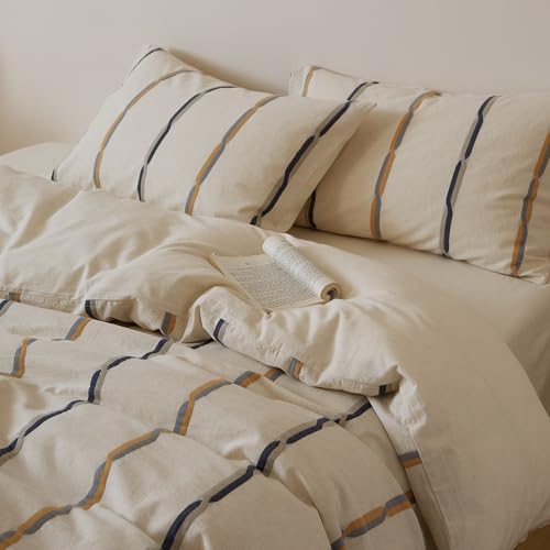 Image of VM VOUGEMARKET King Duvet Cover Set Jacquard Black Orange Stripes Duvet Cover with 2 Pillowcases Yarn-Dyed Linen Cotton Minimalist Bedding Set,104 inchx90 inch