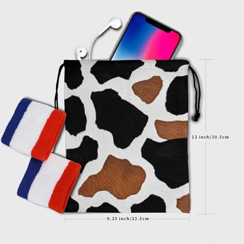 Image of Nerxy Black Cow Gymnastics Grip Bag - Brown Cowhide Grip Bags for Gymnastics Mini Gym Bag Animals Print Drawstring Storage Pouch Adjustable