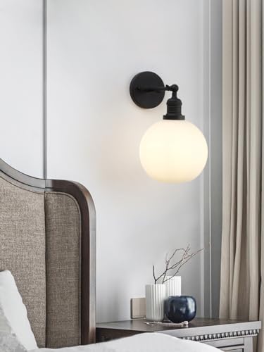 Image of Pathson Modern Wall Sconce Lighting with 7.9 inch Milk White Round Globe, Frosted Glass Hardwired Vintage Vanity Light Fixture for Living Room Bedroom Bathroom