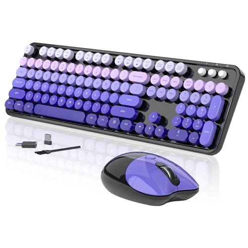 Wireless Keyboard and Mouse, 104 Round Keycaps Retro...
