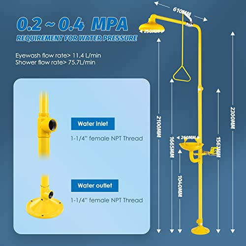 Image of Combination Eye Wash Station and Shower Emergency Shower Eyewash Station OSHA Approved for Industrial & Commercial & Lab Use, Stainless Steel with ABS Coating, NPT Threads
