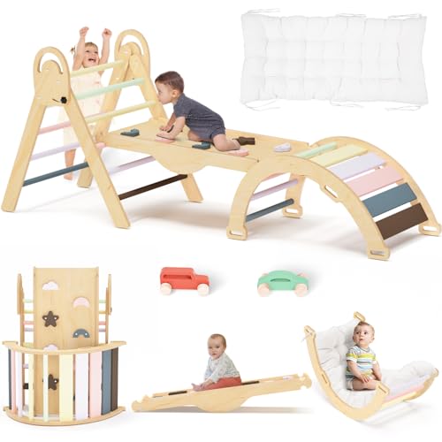 Pikler Triangle Set, Baby Climbing Playset Toys Indoor, Jungle Gyms for Toddlers Ages 1-4, Toddler Climbing Playground with Cushion & Toy Car