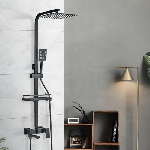 TVTIUO Columna de Ducha con Cabezal de Ducha Cuadrado，Altura Ajustable, Columna de Ducha de Bañera con Estante, Cabezal de Ducha de Lluvia de 10', Negro（25x25cm）