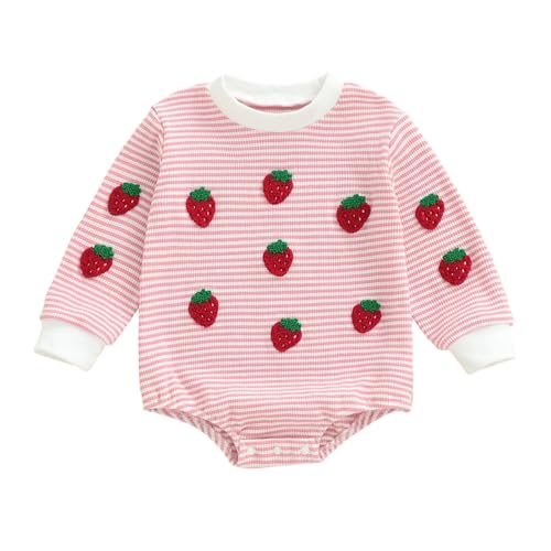 Baby Girl Fall Outfits Long Sleeve Strawberry Sweatshirt Bubble Romper Newborn Stripe Bodysuit Cute Infant Clothes
