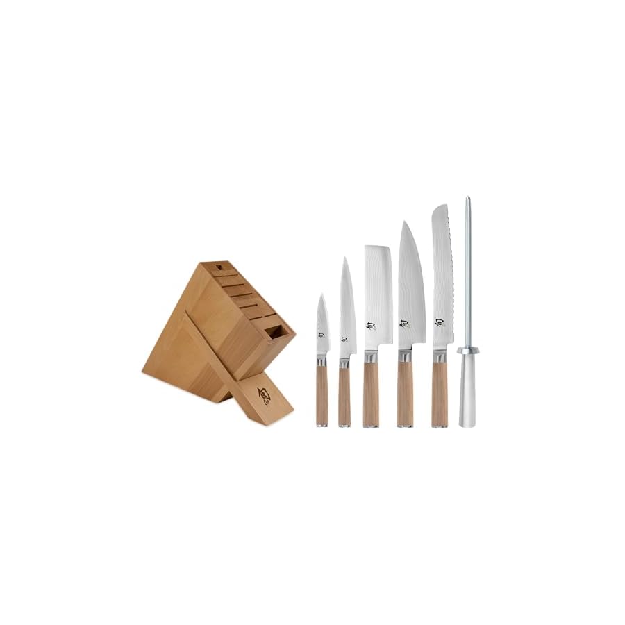 Shun-Classic-Blonde-7-Piece-Block-Set-Includes-5-Classic-Blonde-Knives-Honing-Steel-and-Knife-Block-Handcrafted-Japanese-Knife-Block-Set-Damascus-Stainless-Steel-Cladding-Pakkawood-Handle Shun Classic Blonde 7 Piece Block Set, Includes 5 Classic Blonde Knives, Honing Steel and Knife Block, Handcrafted Japanese Knife Set, Damascus Stainless Steel Cladding, Pakkawood Handle