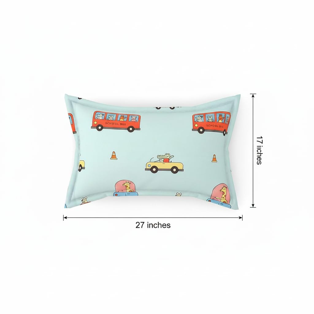 Filymore Kids Car & Bus Theme Pillow Covers Set of 2, 17x27 Inch Sky Blue | Soft Microfiber Pillow Cases for Kids Room, Skin-Friendly & Breathable Decorative Cushion Covers 2