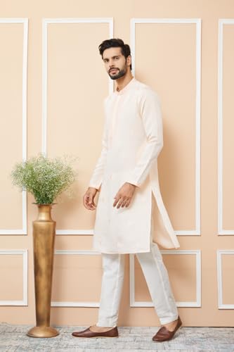 Image of See Designs Men's Long Sleeve Mandarin Collar Side Slit Off-White Embroidered Chanderi Silk Straight Kurta
