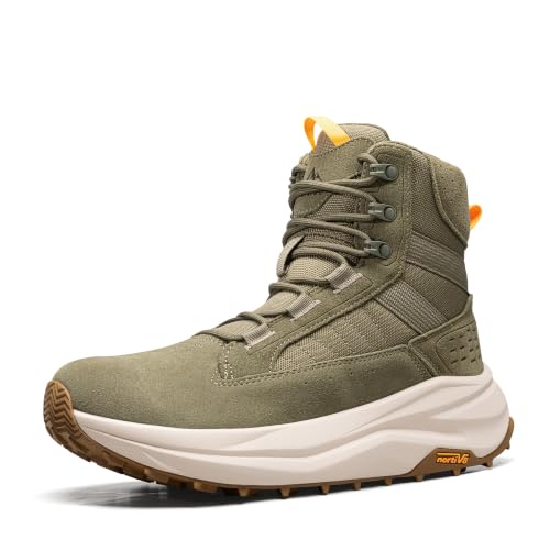 NORTIV 8 Mens Wide Toe Box Work Military Tactical Boots Barefoot Hiking Low Drop Leather Side Zipper Motorcycle Combat Boots Pikes Size 10.5 Olive SNMT25001M