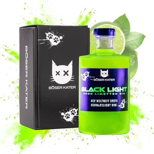 BÖSER KATER Blacklight Gin | Weltweit erster Schwarzlicht Neon Gin mit Leucht-Effekt | Partydrink | Fruchtiger Limettengeschmack | In hochwertiger Geschenkbox | Geschenkidee | 0 5l 40% Vol.
