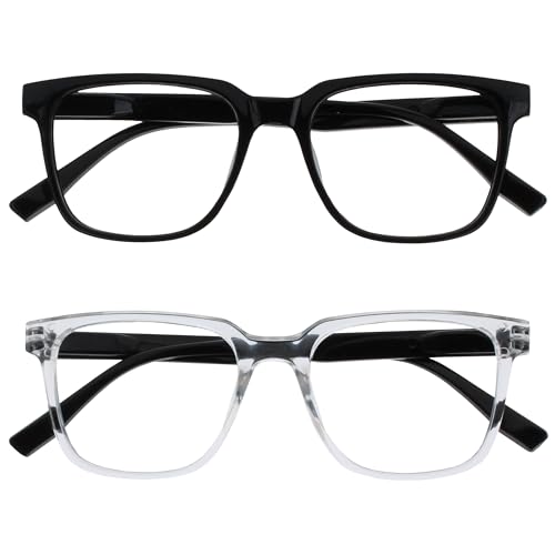 OPULIZE LEO Gafas de Lectura - Pack de 2 - Montura Rectangular Grande - Negro, Transparante - Hombre Mujer - Bisagras de Muelle - RR55-1C - +2.00